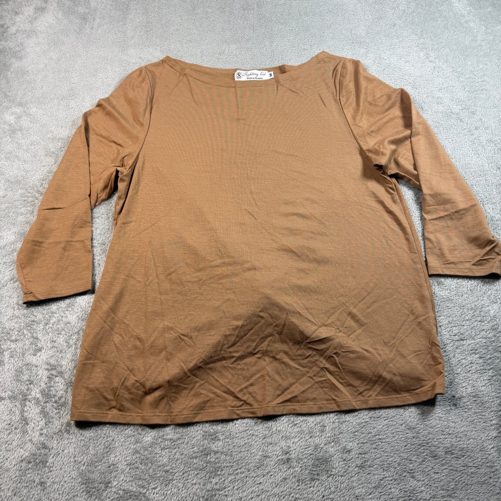 Fighting Eel Top Women Medium Brown Twist Back 3/4 Sleeve Boat Neck Tunic